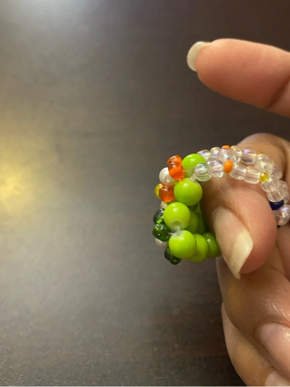 Handmade Multicolor Beaded Flower Ring — Green Accent